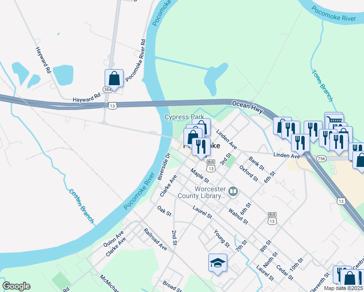 map of restaurants, bars, coffee shops, grocery stores, and more near 2 Market Street in Pocomoke City