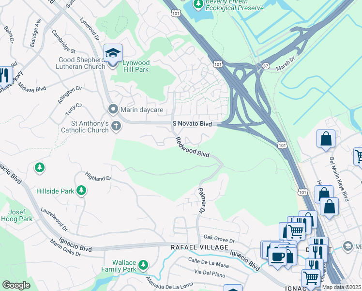 map of restaurants, bars, coffee shops, grocery stores, and more near Redwood Blvd & Arlene Way in Novato