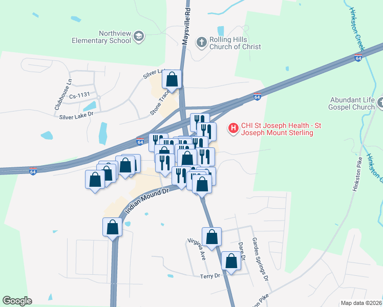 map of restaurants, bars, coffee shops, grocery stores, and more near 513 Maysville Road in Mount Sterling