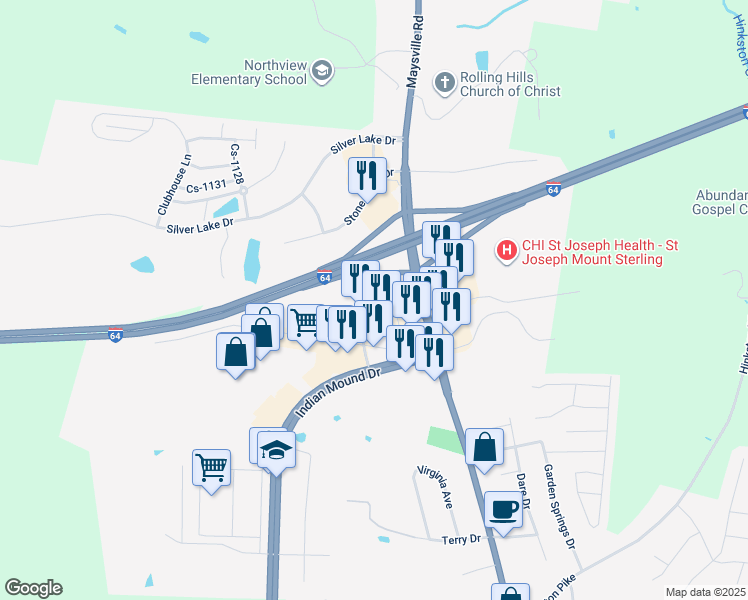 map of restaurants, bars, coffee shops, grocery stores, and more near 205 Evans Dr in Mt Sterling