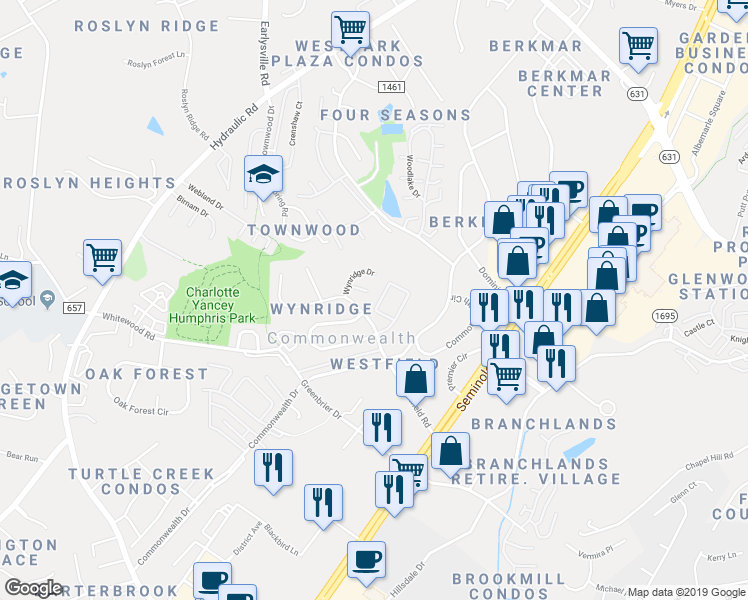 map of restaurants, bars, coffee shops, grocery stores, and more near 1516 Minor Ridge Court in Charlottesville