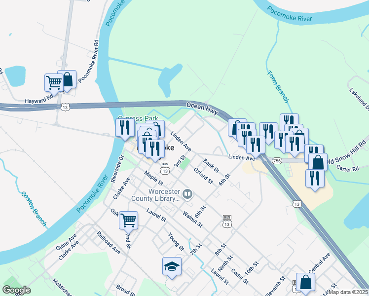 map of restaurants, bars, coffee shops, grocery stores, and more near 208 Linden Avenue in Pocomoke City