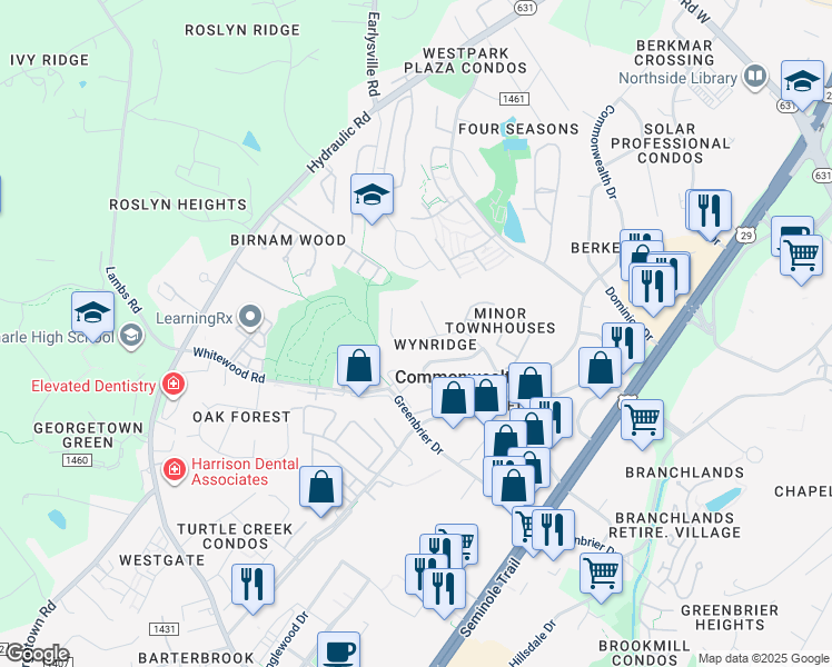 map of restaurants, bars, coffee shops, grocery stores, and more near 343 Westfield Road in Charlottesville