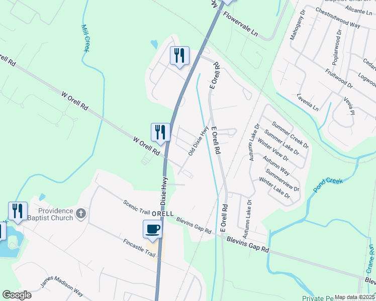 map of restaurants, bars, coffee shops, grocery stores, and more near 6519 Manor View Circle in Louisville