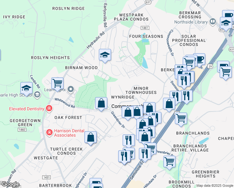 map of restaurants, bars, coffee shops, grocery stores, and more near 343 Westfield Road in Charlottesville