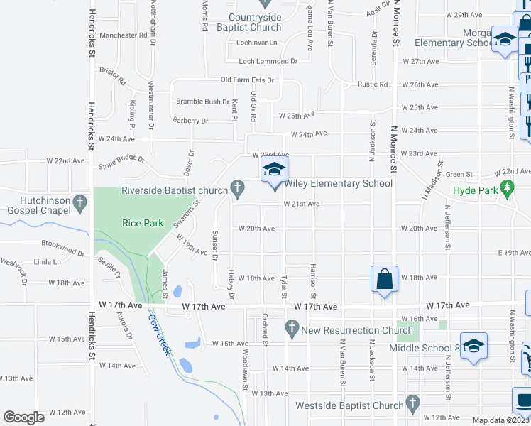 map of restaurants, bars, coffee shops, grocery stores, and more near 2006 Cone Street in Hutchinson