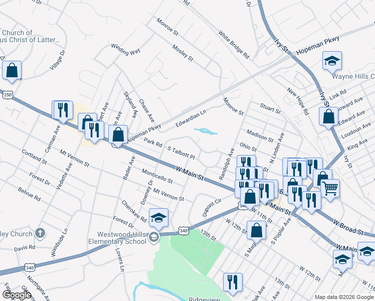 map of restaurants, bars, coffee shops, grocery stores, and more near 1815 South Talbott Place in Waynesboro