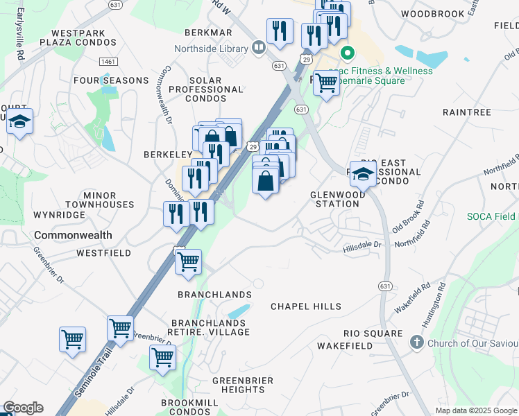 map of restaurants, bars, coffee shops, grocery stores, and more near 1639 Rio Road East in Charlottesville