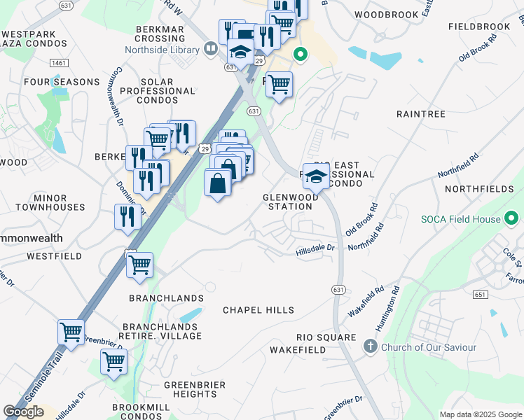map of restaurants, bars, coffee shops, grocery stores, and more near 1051 Glenwood Station Lane in Charlottesville
