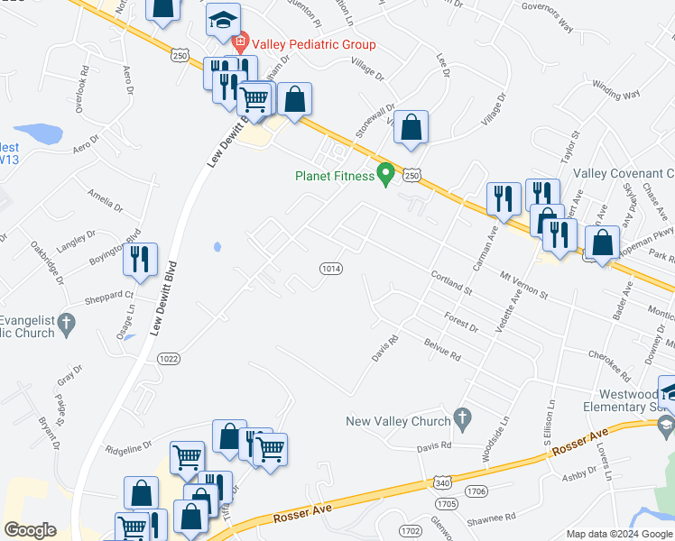 map of restaurants, bars, coffee shops, grocery stores, and more near 210 Parker Heights Road in Waynesboro