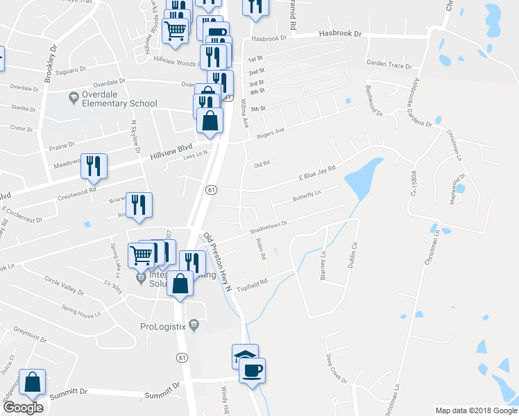 map of restaurants, bars, coffee shops, grocery stores, and more near 100 Dewberry Road in Louisville