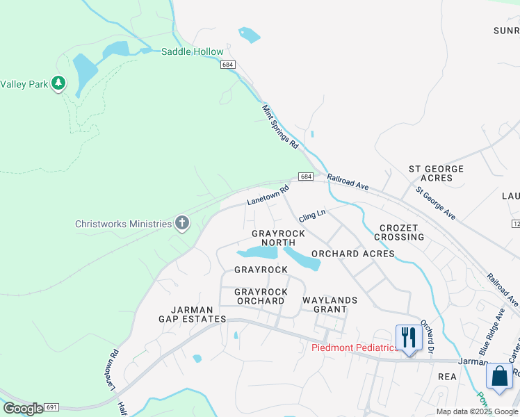 map of restaurants, bars, coffee shops, grocery stores, and more near 2228 Kendall Court in Crozet