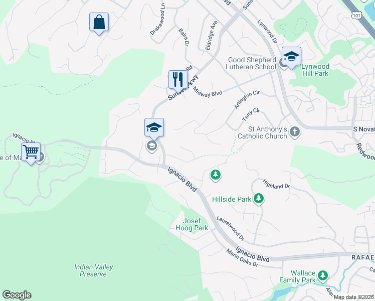 map of restaurants, bars, coffee shops, grocery stores, and more near 23 Shannon Court in Novato