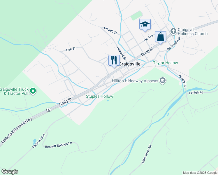map of restaurants, bars, coffee shops, grocery stores, and more near 145 Railroad Avenue in Craigsville