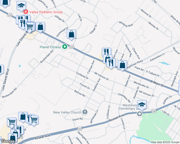 map of restaurants, bars, coffee shops, grocery stores, and more near 2744 Carman Avenue in Waynesboro