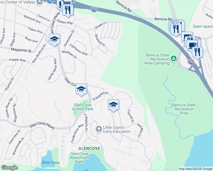 map of restaurants, bars, coffee shops, grocery stores, and more near 160 Anchor Court in Vallejo