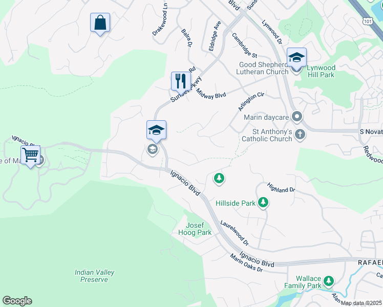map of restaurants, bars, coffee shops, grocery stores, and more near 31 Shannon Court in Novato