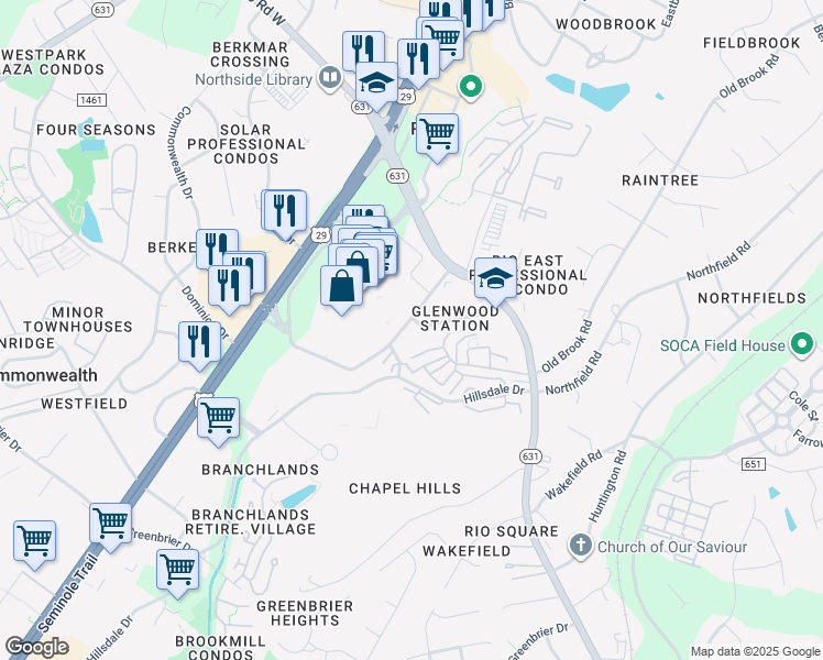 map of restaurants, bars, coffee shops, grocery stores, and more near 1051 Glenwood Station Lane in Charlottesville