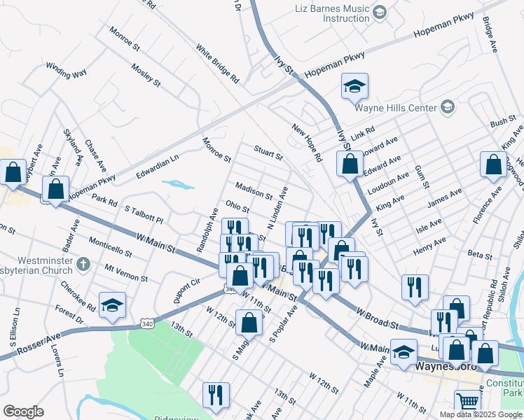 map of restaurants, bars, coffee shops, grocery stores, and more near 1500 Madison Street in Waynesboro
