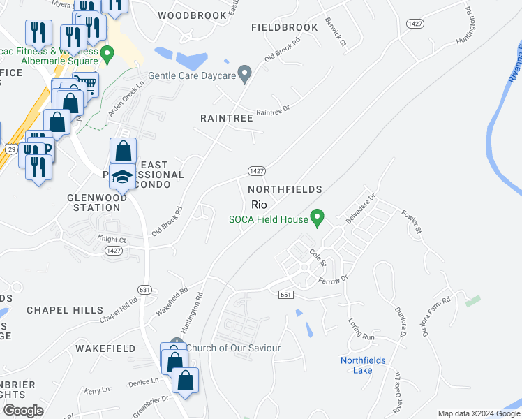 map of restaurants, bars, coffee shops, grocery stores, and more near 2519 Huntington Road in Charlottesville