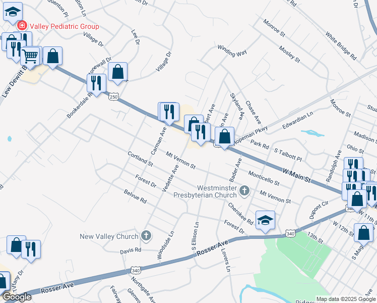 map of restaurants, bars, coffee shops, grocery stores, and more near 128 Vedette Avenue in Waynesboro