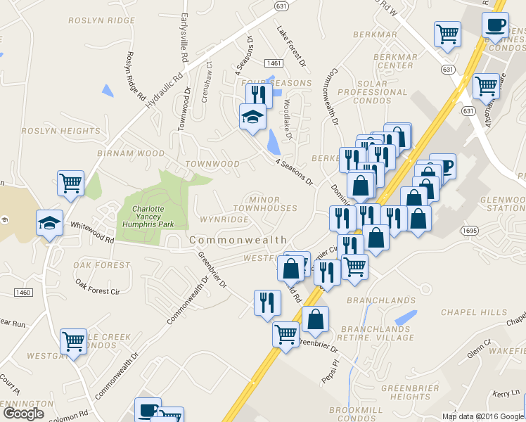 map of restaurants, bars, coffee shops, grocery stores, and more near 1512 Minor Ridge Court in Charlottesville