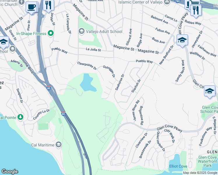 map of restaurants, bars, coffee shops, grocery stores, and more near 404 Canyon Court in Vallejo