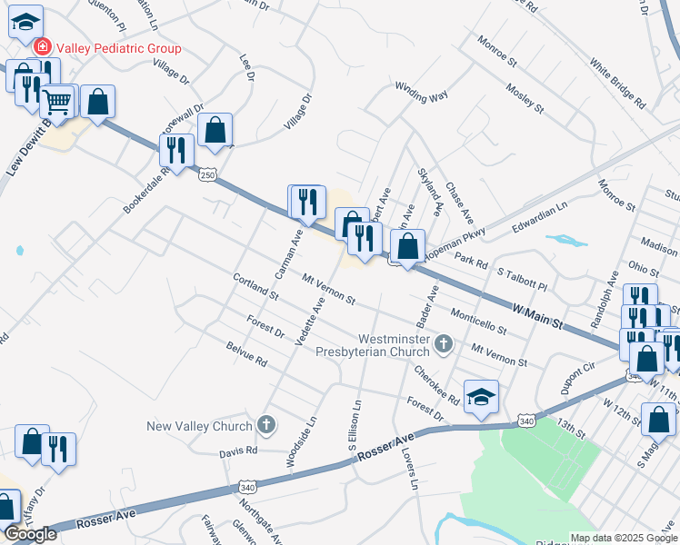map of restaurants, bars, coffee shops, grocery stores, and more near 128 Vedette Avenue in Waynesboro