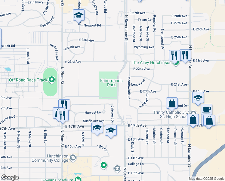 map of restaurants, bars, coffee shops, grocery stores, and more near 2101 North Severance Street in Hutchinson