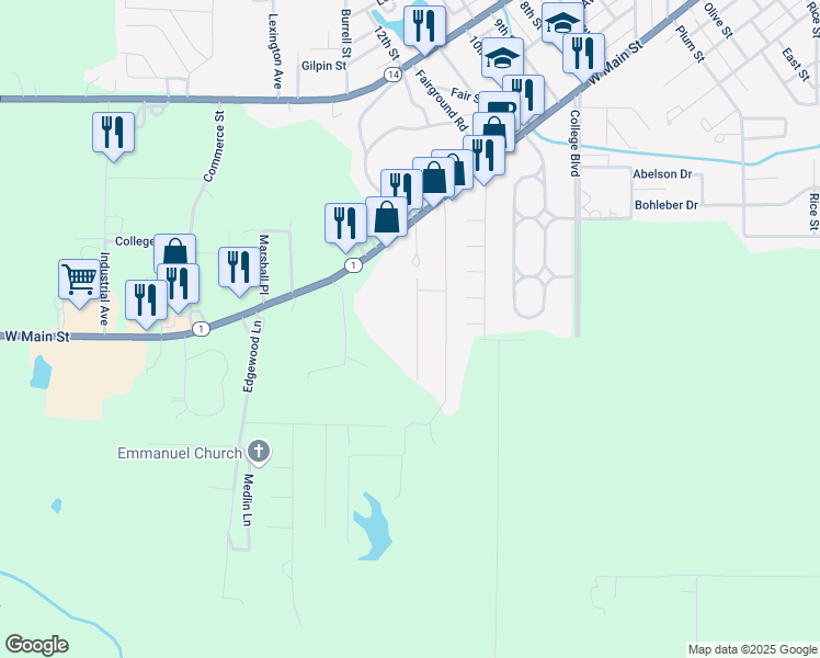 map of restaurants, bars, coffee shops, grocery stores, and more near 216 Steven Street in Carmi