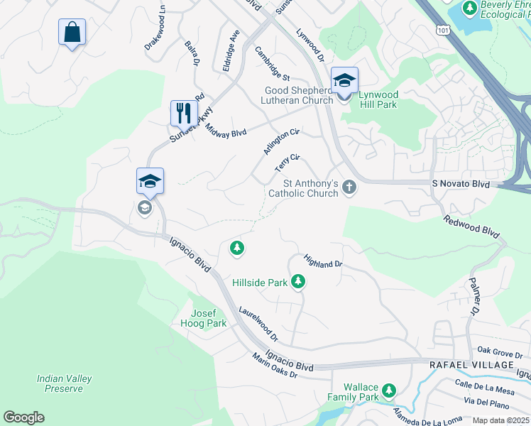 map of restaurants, bars, coffee shops, grocery stores, and more near 572 Stone Drive in Novato