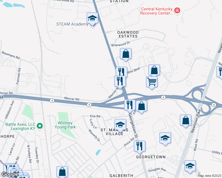 map of restaurants, bars, coffee shops, grocery stores, and more near 1405 Mercer Road in Lexington