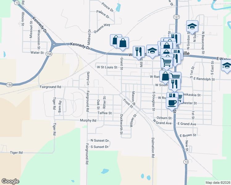map of restaurants, bars, coffee shops, grocery stores, and more near 701-799 County Road in Pinckneyville
