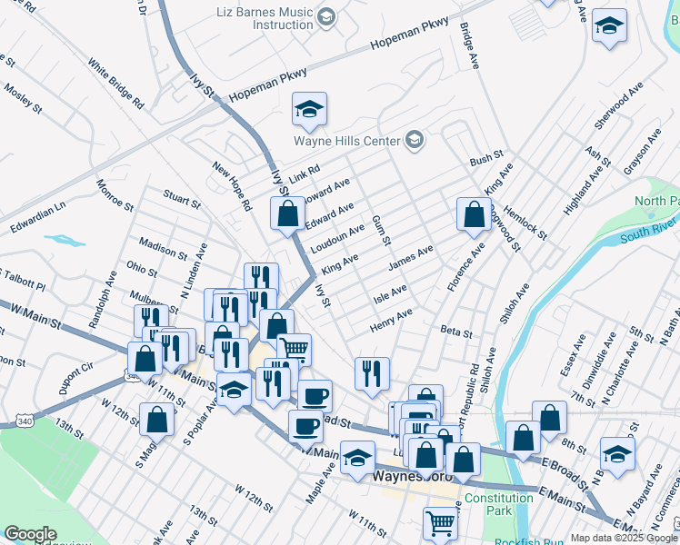 map of restaurants, bars, coffee shops, grocery stores, and more near 124 King Avenue in Waynesboro