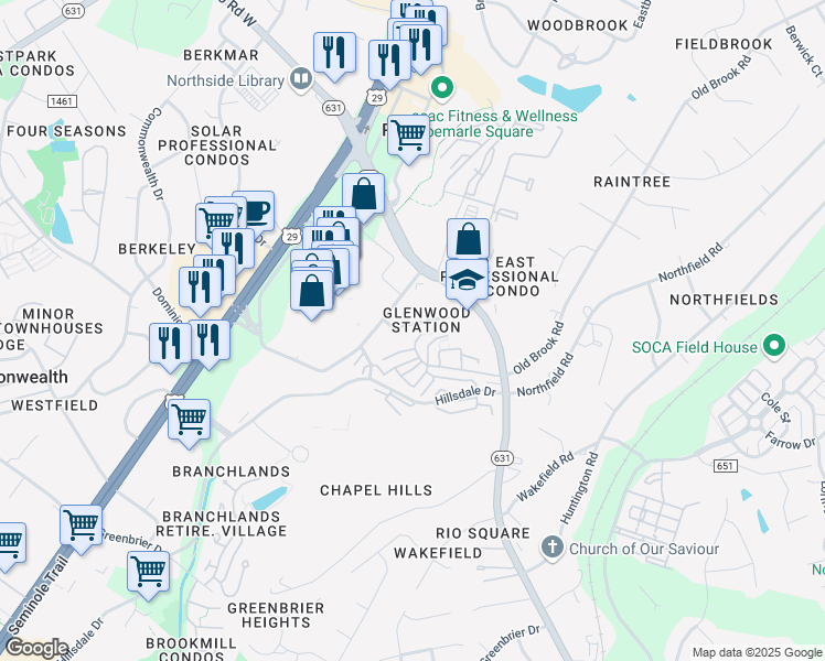 map of restaurants, bars, coffee shops, grocery stores, and more near 1021 Glenwood Station Lane in Charlottesville