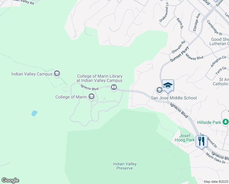 map of restaurants, bars, coffee shops, grocery stores, and more near 1800 Ignacio Boulevard in Novato