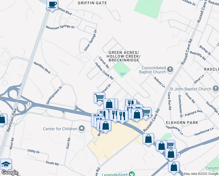 map of restaurants, bars, coffee shops, grocery stores, and more near 1510 Grant Drive in Lexington