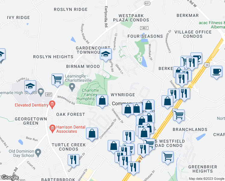 map of restaurants, bars, coffee shops, grocery stores, and more near 321 Westfield Road in Charlottesville