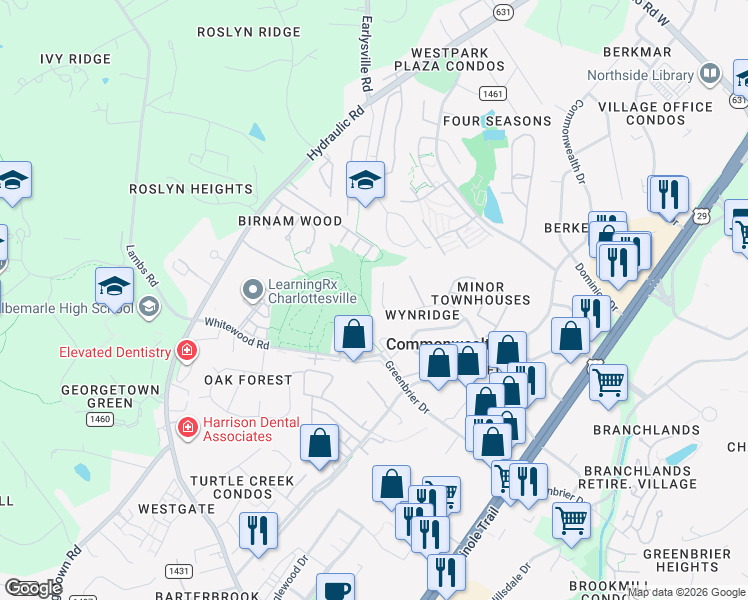 map of restaurants, bars, coffee shops, grocery stores, and more near 320 Westfield Road in Charlottesville