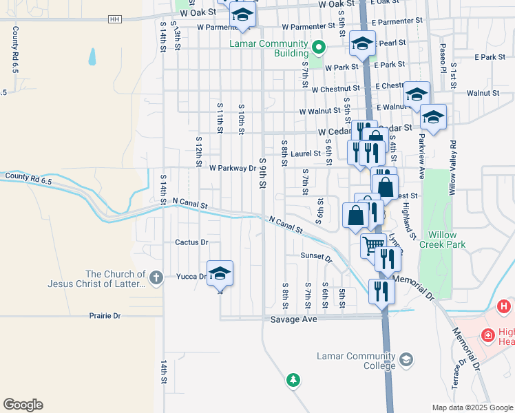 map of restaurants, bars, coffee shops, grocery stores, and more near 1400 South 9th Street in Lamar