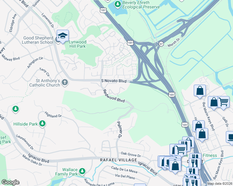 map of restaurants, bars, coffee shops, grocery stores, and more near 888 Arlene Way in Novato