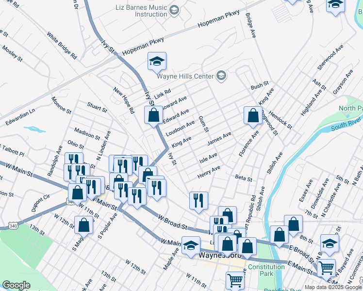 map of restaurants, bars, coffee shops, grocery stores, and more near 124 King Avenue in Waynesboro