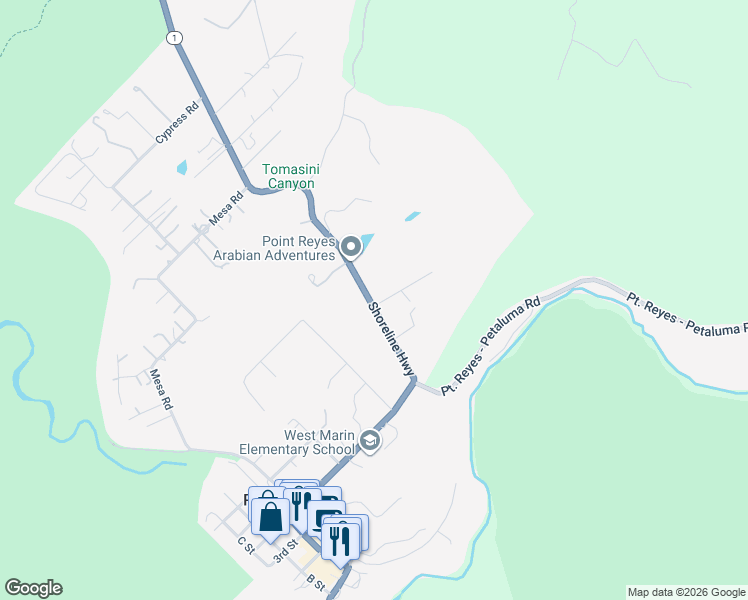 map of restaurants, bars, coffee shops, grocery stores, and more near 11815 California 1 in Point Reyes Station