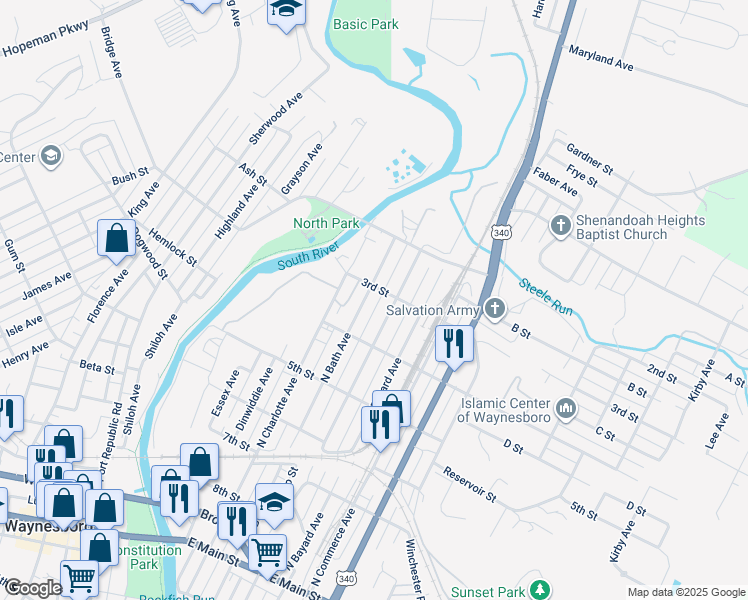 map of restaurants, bars, coffee shops, grocery stores, and more near 654 North Bath Avenue in Waynesboro