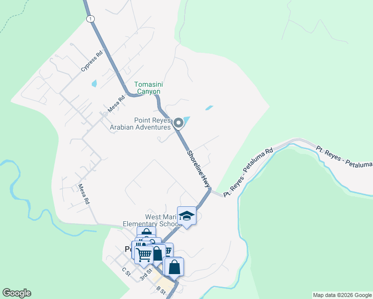 map of restaurants, bars, coffee shops, grocery stores, and more near 11815 California 1 in Point Reyes Station