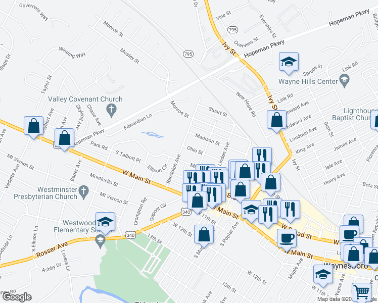 map of restaurants, bars, coffee shops, grocery stores, and more near 1624 Ohio Street in Waynesboro