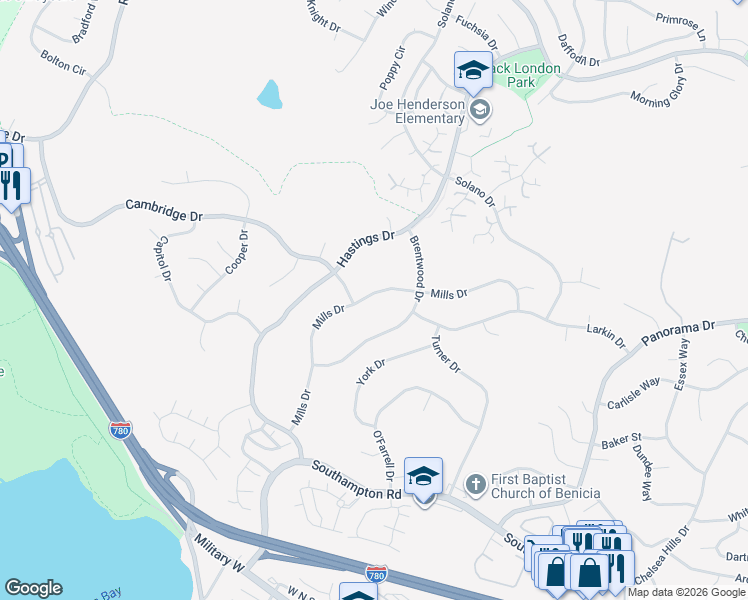 map of restaurants, bars, coffee shops, grocery stores, and more near 452 Mills Drive in Benicia