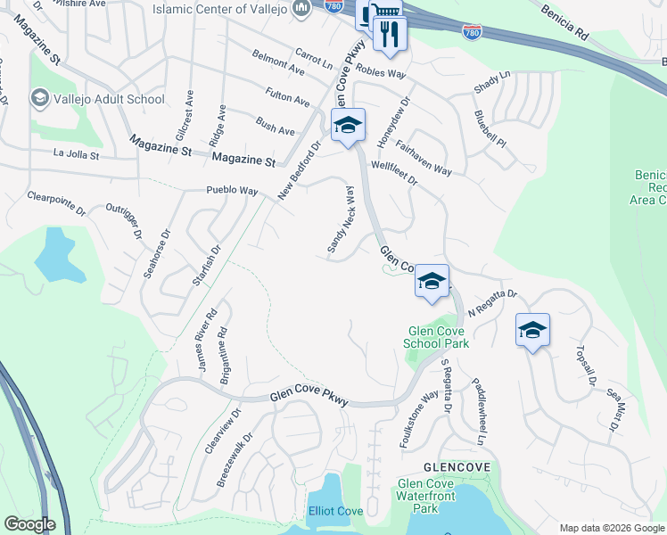 map of restaurants, bars, coffee shops, grocery stores, and more near 293 Saybrook Way in Vallejo