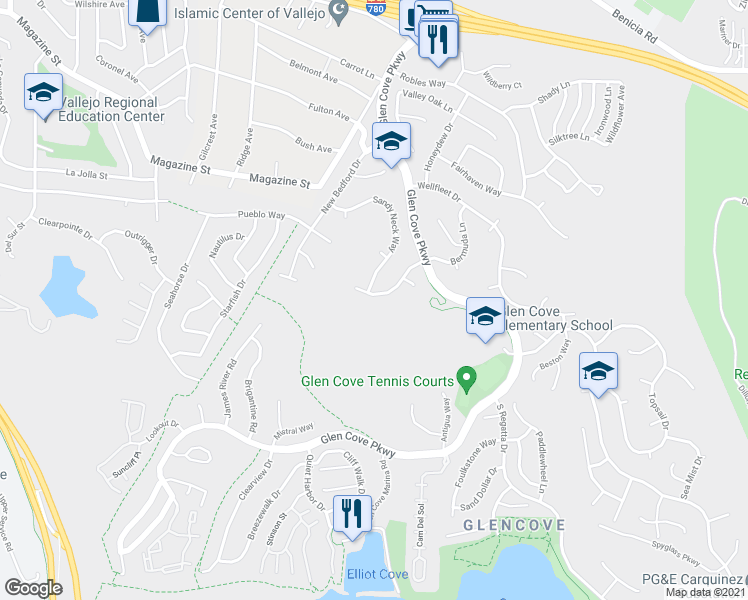 map of restaurants, bars, coffee shops, grocery stores, and more near 293 Saybrook Way in Vallejo