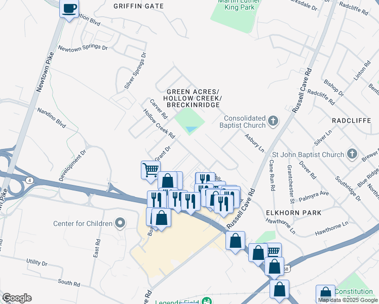 map of restaurants, bars, coffee shops, grocery stores, and more near 528 Hollow Creek Road in Lexington